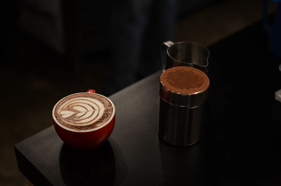 A cappuccino on a dark table