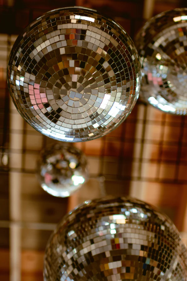 Disco balls hanging from a ceiling