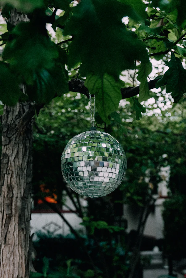 A disco ball hanging in a tree