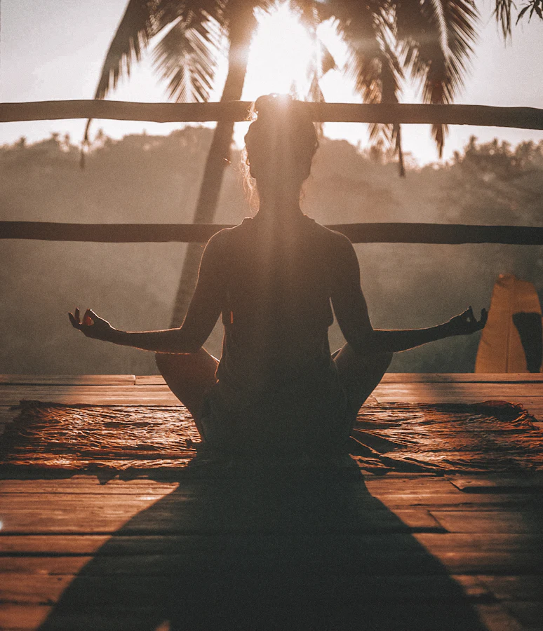 Meditating at sunrise, facing the jungle